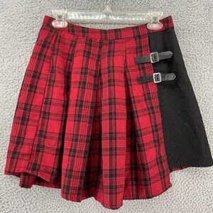 Hot Topic Skirt Womens MD Red Plaid Pleated Faux Wrap Goth Short Lined Buckle